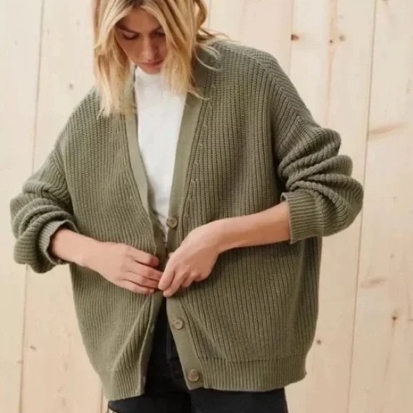 Jenni Kayne Cocoon Cardigan Women's Small Olive Organic Cotton Ribbed Oversized